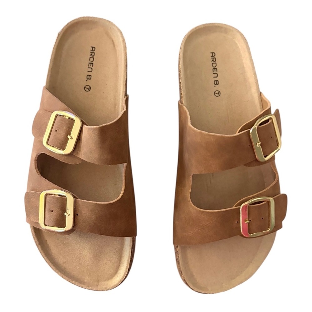 Arden B. Women 7 Cognac Brown Two Strap Buckle Slide Sandals Casual Summer